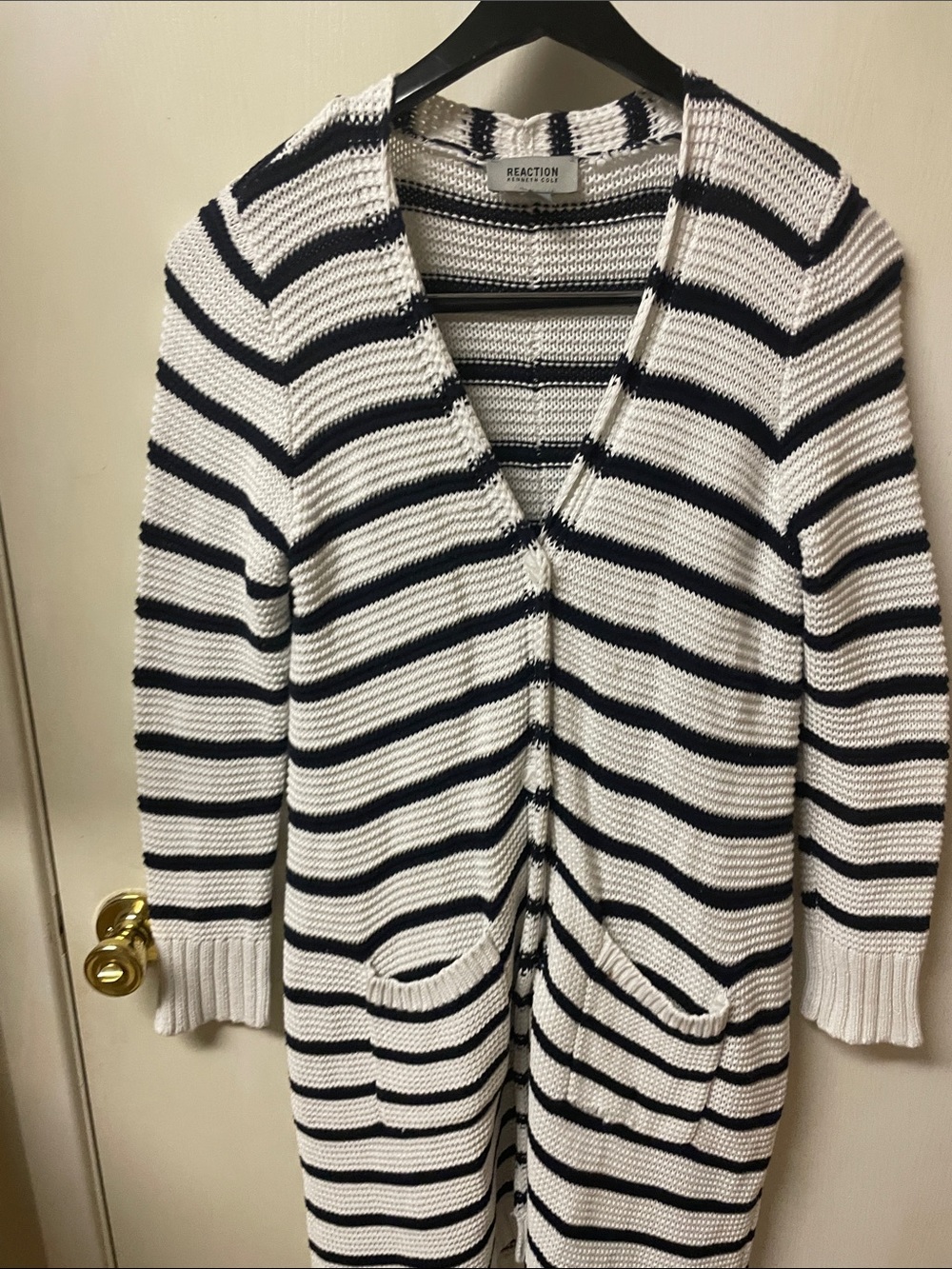 Kenneth Cole Reaction White and Black Striped Longline Cardigan